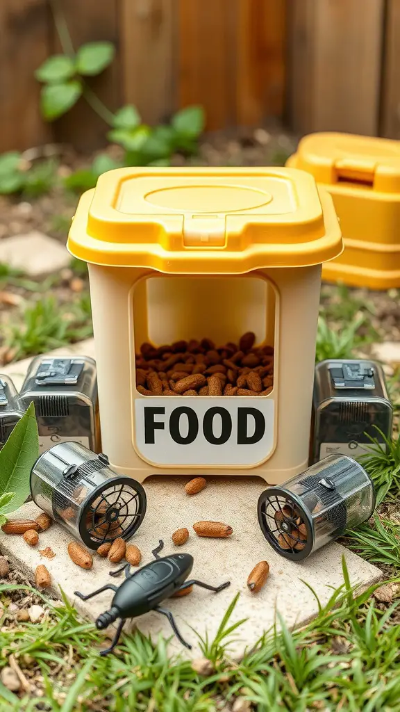 19+Essential Dog Food Storage Solutions You Need 12 A dog food storage container with pest traps around it, showing a proactive approach to keeping dog food safe from pests.