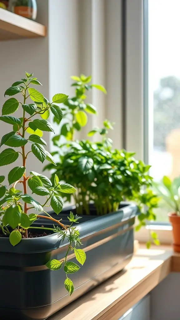 17 Innovative Hydroponic Gardening Ideas You Need to Try 2 A hydroponic herb garden with green plants growing in a container by a window.