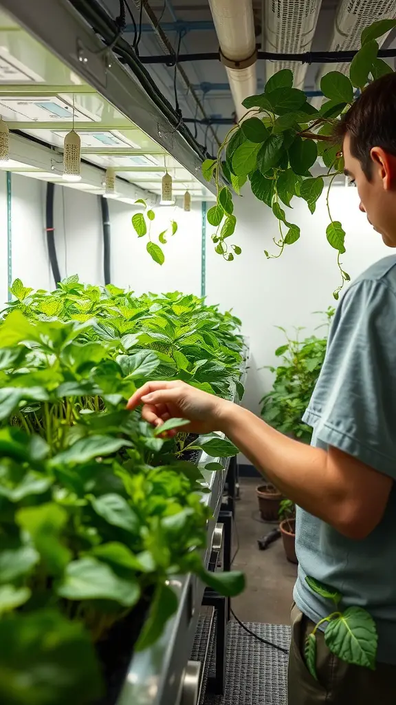 17 Innovative Hydroponic Gardening Ideas You Need to Try 15 A person tending to a hydroponic garden with lush green plants under bright lights.