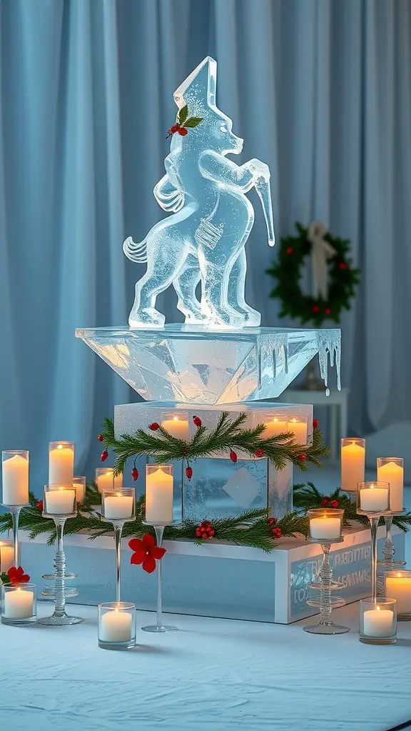 An elegant ice sculpture of a whimsical character surrounded by candles and greenery on a wedding table.