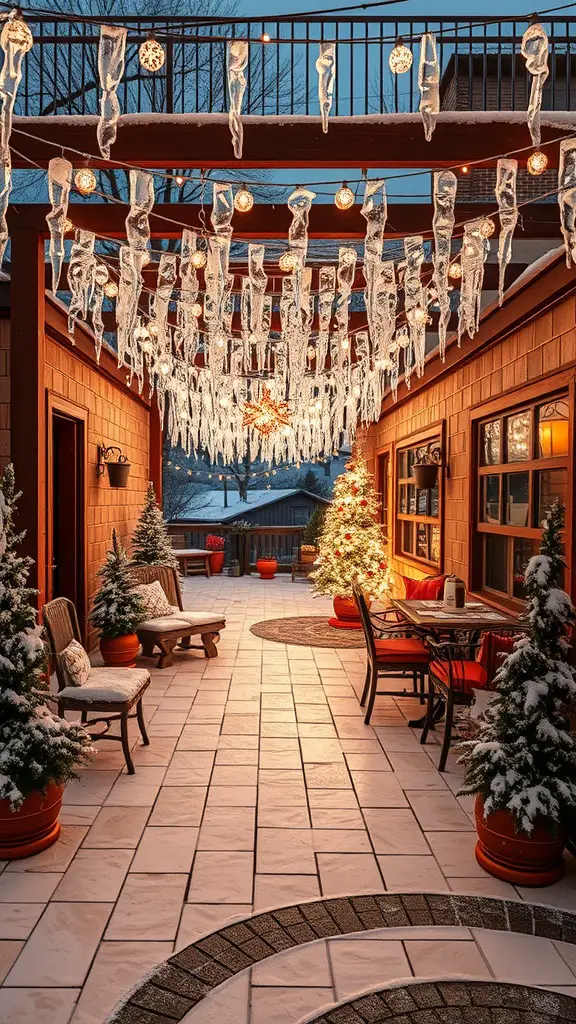 23+ Creative Patio String Light Ideas to Transform Your Outdoor Space 15 A patio decorated with icicle lights, a Christmas tree, and snow-covered plants, creating a winter wonderland atmosphere.