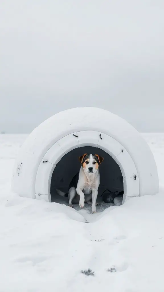 17+ Creative Outside Dog House Ideas for Your Furry Friend 4 A dog sitting in an igloo-style shelter surrounded by snow.