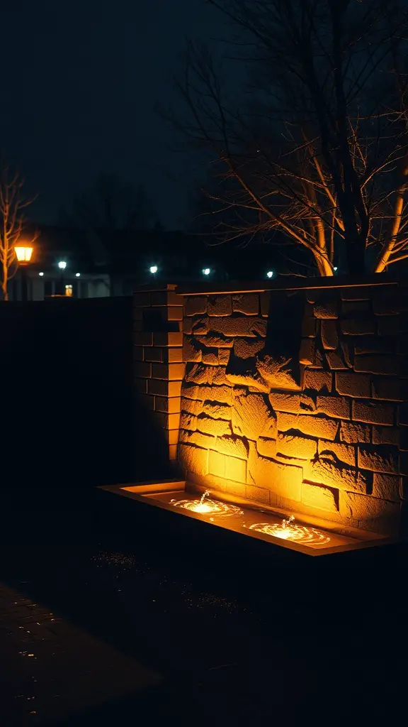 A nighttime view of an illuminated outdoor wall fountain with warm lighting and gentle water flow.