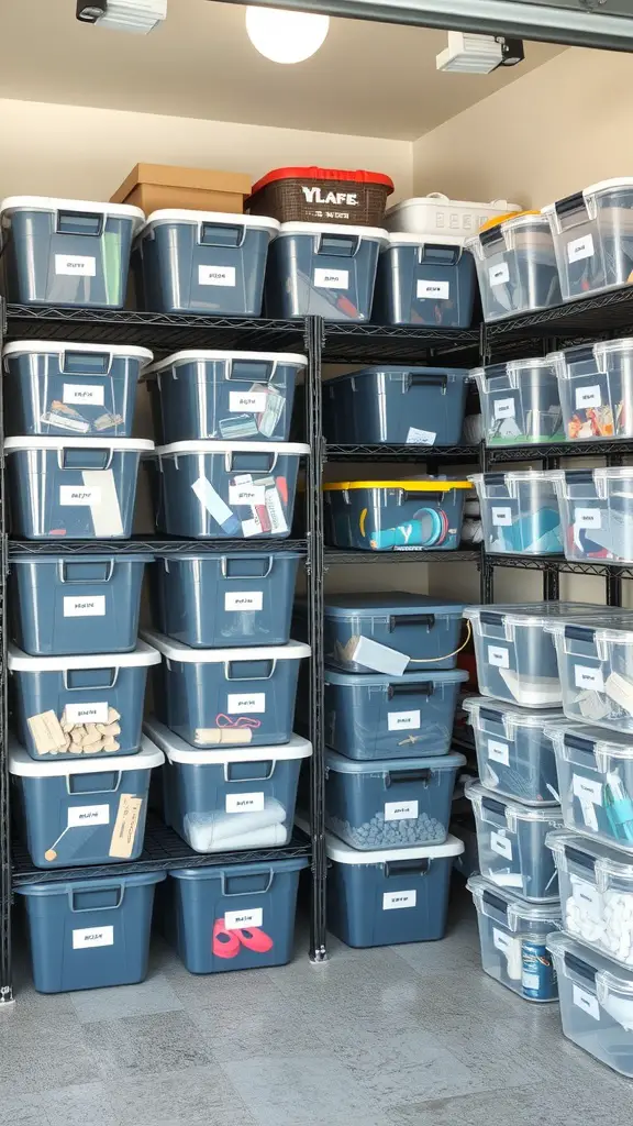 Organized garage with clear storage bins on shelves, labeled for easy visibility.
