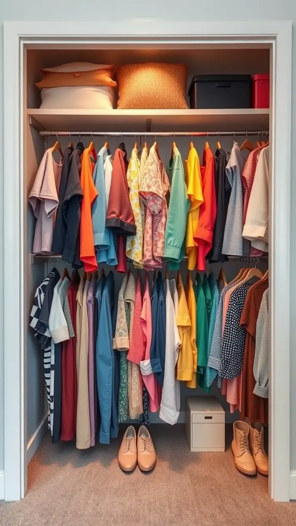23 Creative Small Closet Organization Ideas for Maximum Space 14 A neatly organized closet with clothes arranged by color, showcasing a variety of vibrant hues.