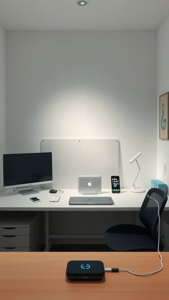 A modern small office space featuring a desk with a computer, laptop, smartphone, and a wireless charger.
