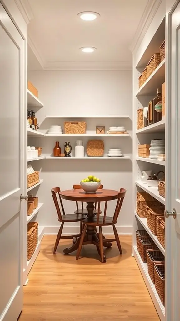 Cozy breakfast nook in a pantry with a round table and two chairs surrounded by organized shelves.