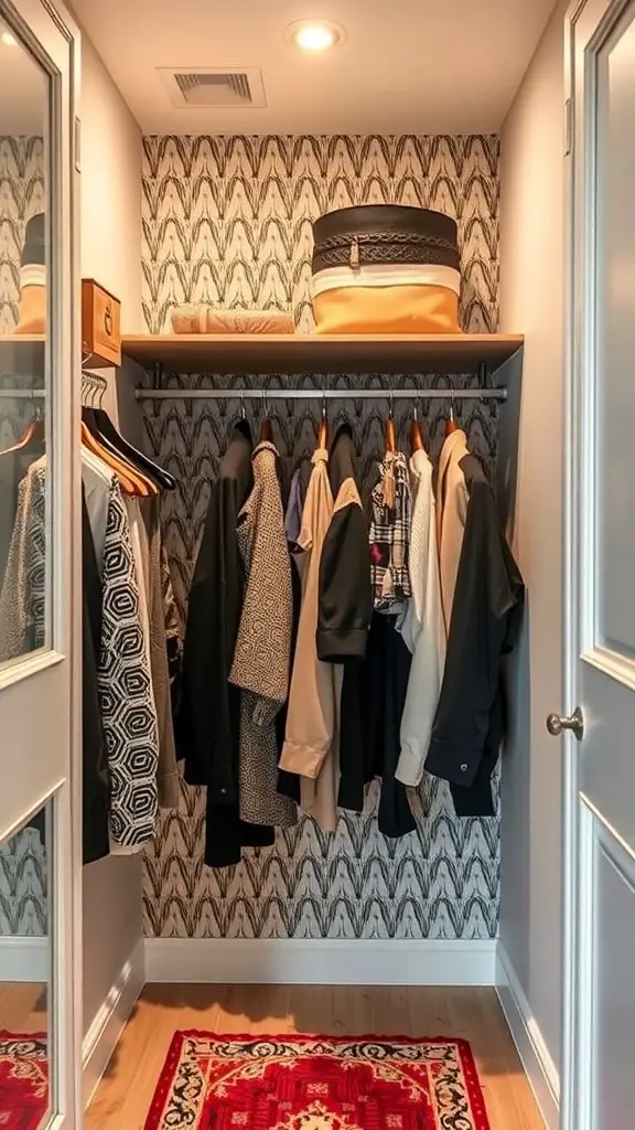 A small walk-in closet featuring a corner hanging rod with clothes and a shelf above.