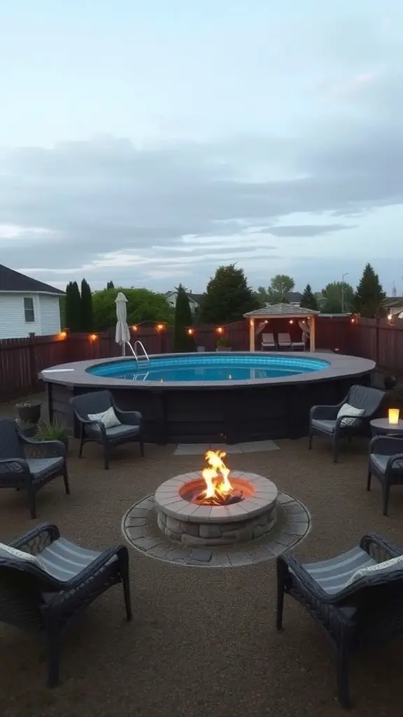 19 Inspiring Above Ground Pool Ideas for Your Backyard Oasis 15 A backyard scene featuring an above-ground pool and a fire pit surrounded by chairs.
