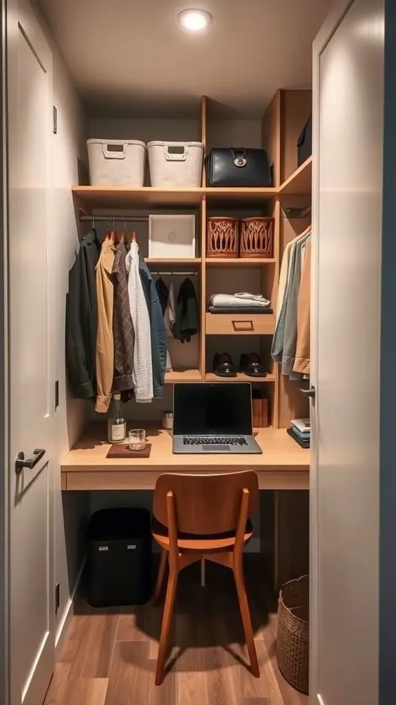 A small walk-in closet featuring a fold-down desk, shelves with storage baskets, and organized clothing.