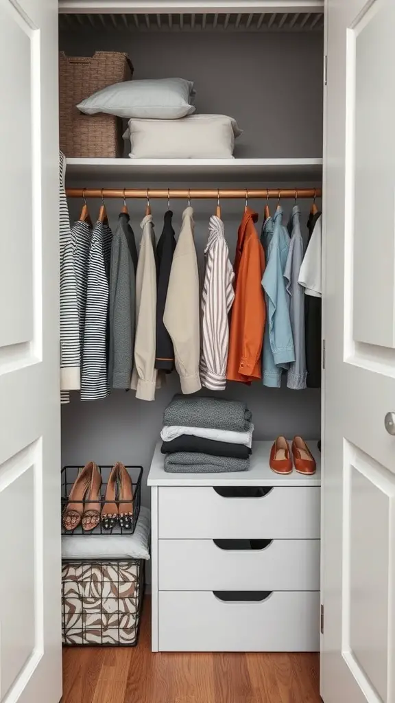 23 Creative Small Closet Organization Ideas for Maximum Space 16 A neatly organized closet featuring a folding station with clothes hung on hangers, folded items on a shelf, and shoes arranged below.