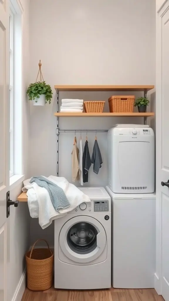 19 Clever Small Laundry Room Ideas to Maximize Space 9 A compact laundry room featuring a folding station with shelves, a washing machine, and a dryer.