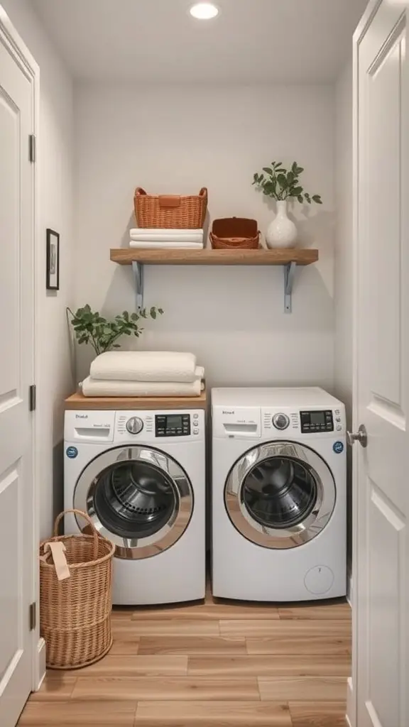 23 Creative Narrow Laundry Room Ideas You’ll Love 2 A narrow laundry room featuring a folding station with a wooden shelf above two washing machines, decorated with plants and baskets.