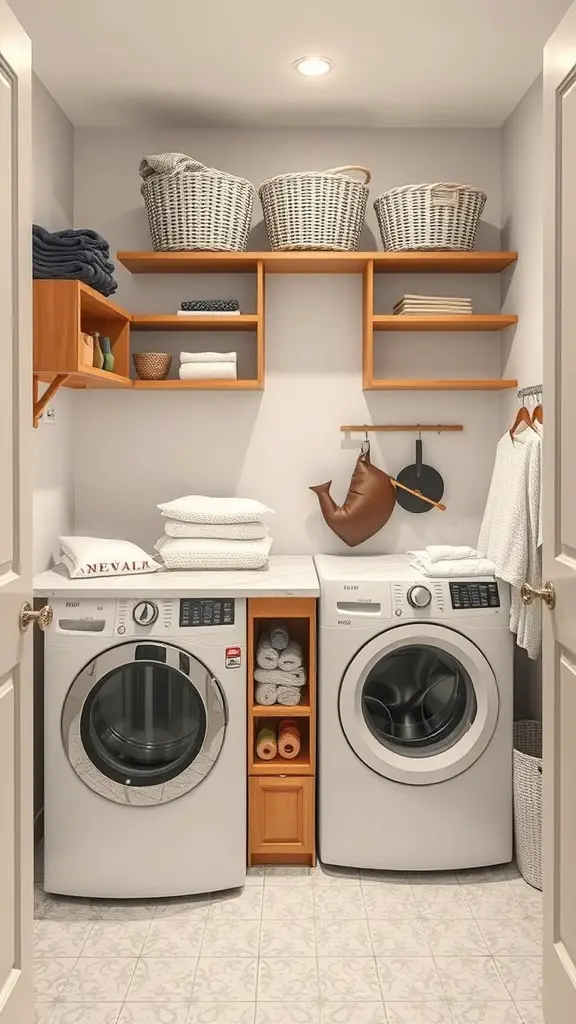 A tidy laundry room featuring a folding station above the washing machines with shelves and storage baskets.
