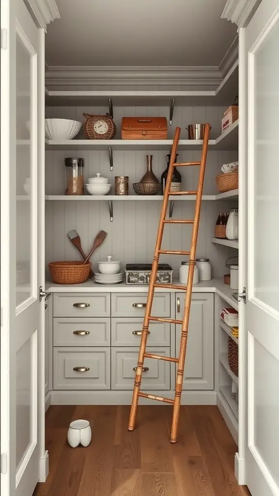 A walk-in pantry with high shelves and a wooden ladder for easy access.