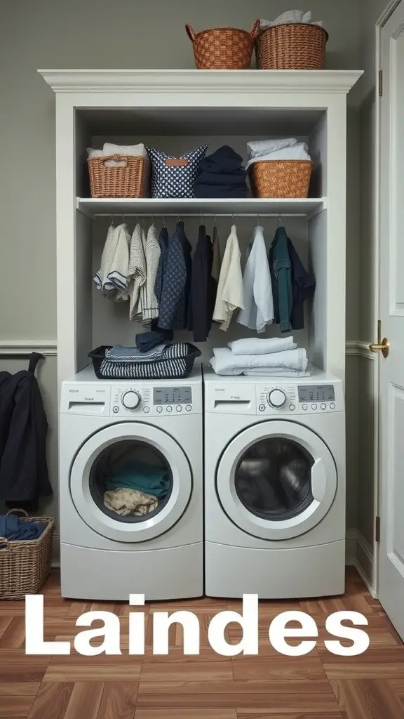 19 Clever Small Laundry Room Ideas to Maximize Space 3 A small laundry room featuring two washing machines, neatly organized clothes, and stylish hampers.