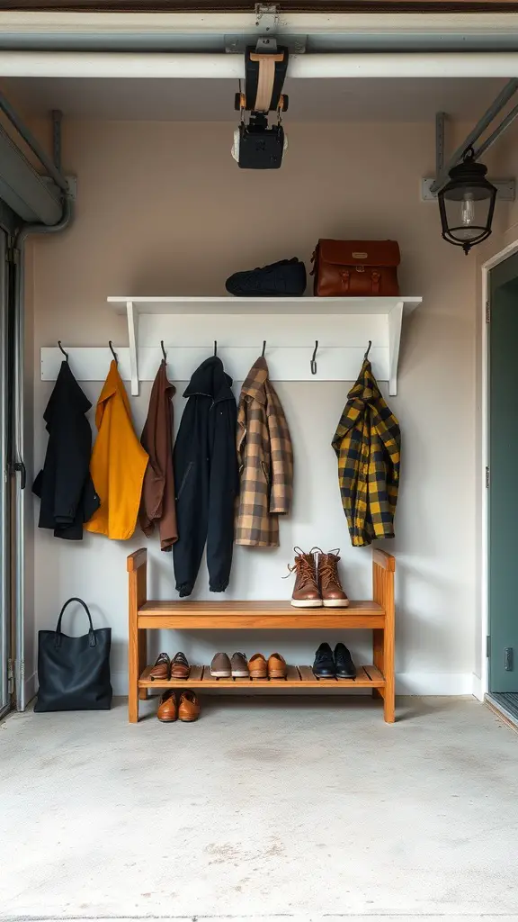 A mudroom area in a garage featuring a wooden bench, neatly arranged shoes, and hanging jackets on a shelf.
