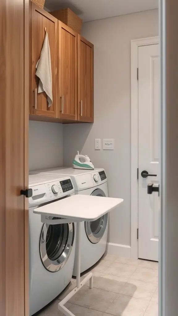 23 Creative Narrow Laundry Room Ideas You’ll Love 15 A narrow laundry room featuring a pull-out ironing board next to a washer and dryer, with wooden cabinets above.
