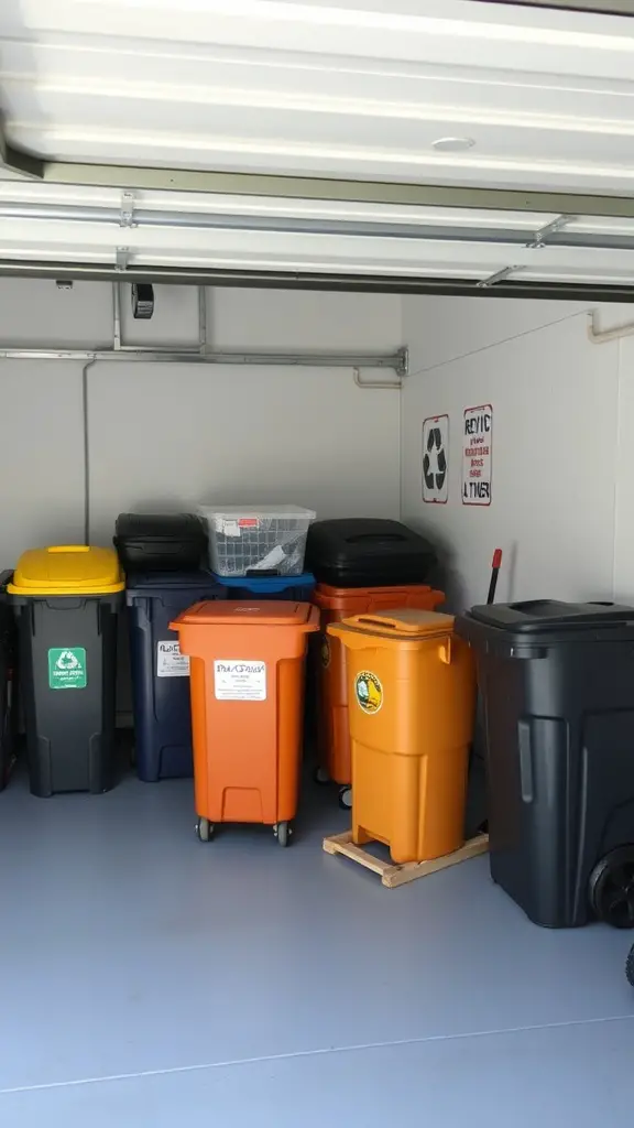 A well-organized garage with multiple recycling and trash bins in different colors.