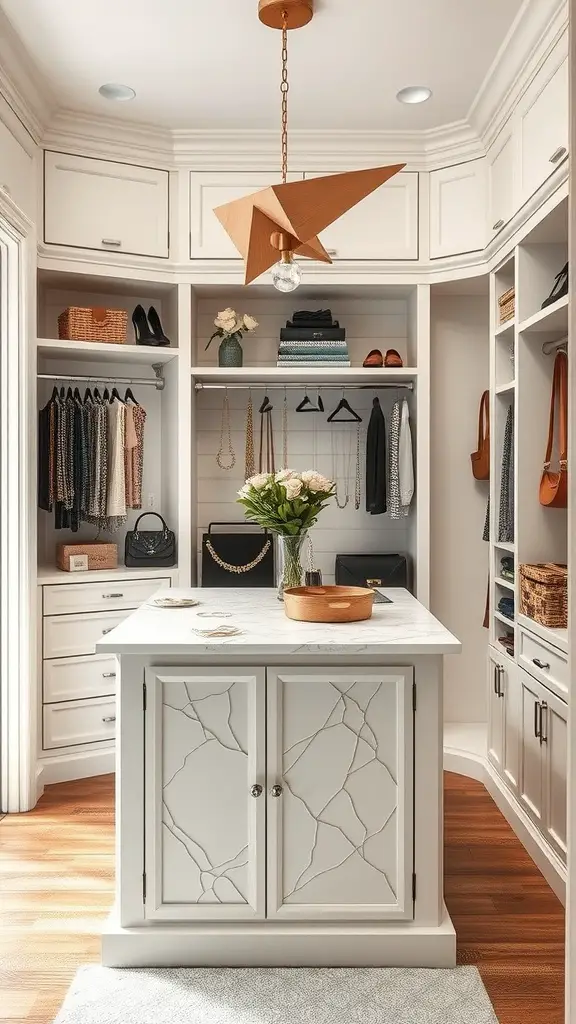 A small walk-in closet featuring a central island with a marble top, surrounded by organized shelves and a stylish light fixture.