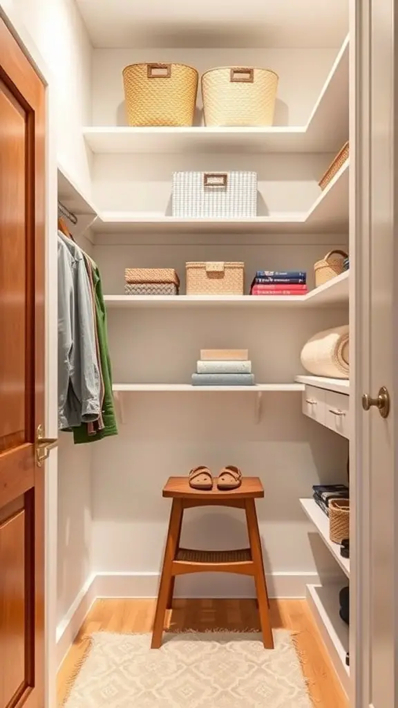 A small walk-in closet featuring a step stool, shelves with storage baskets, and neatly arranged clothing.