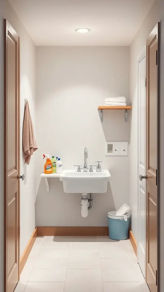 15+ Clever Hallway Laundry Closet Ideas for Small Spaces 11 A hallway laundry closet featuring a utility sink, cleaning supplies, and a towel.