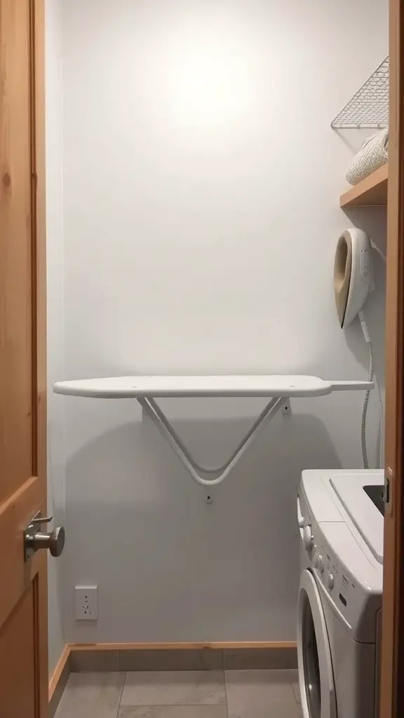 19 Clever Small Laundry Room Ideas to Maximize Space 11 A small laundry room featuring a wall-mounted ironing board and a washing machine.