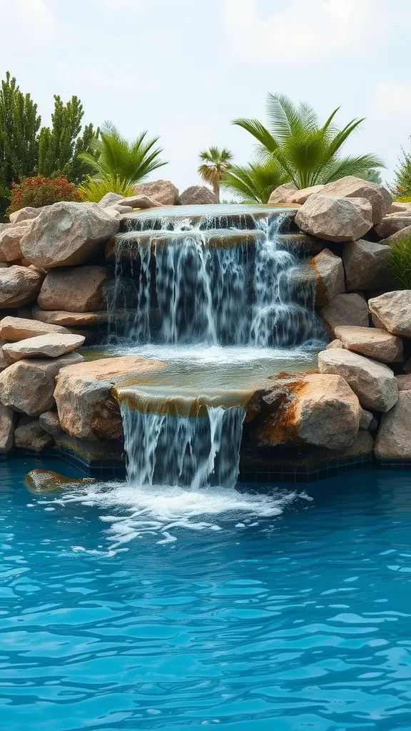 19 Inspiring Above Ground Pool Ideas for Your Backyard Oasis 7 A beautiful waterfall feature flowing into a blue above-ground pool surrounded by rocks and greenery.