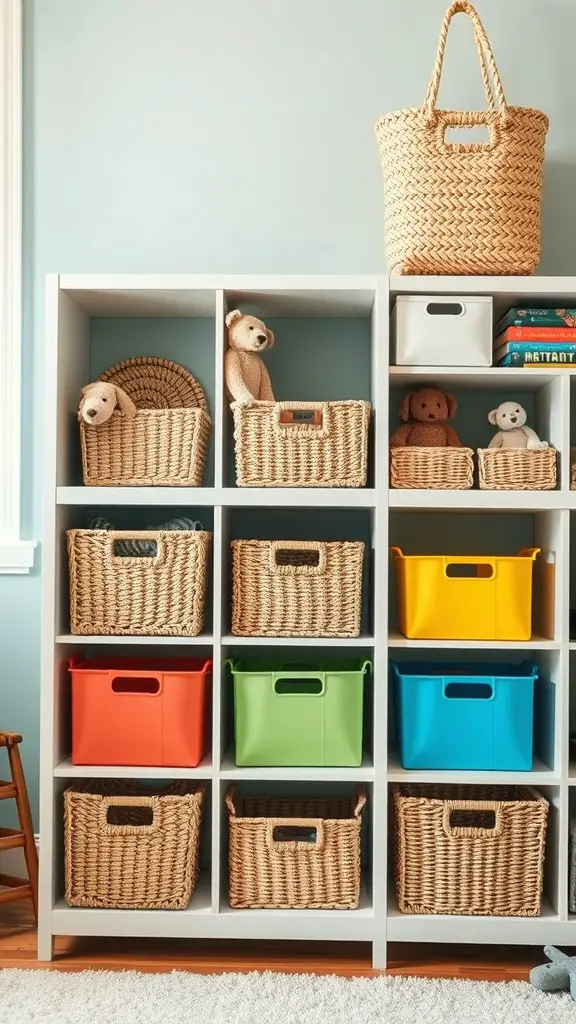 A bookcase with woven baskets and colorful bins for toy storage.