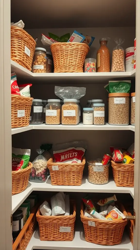 41+Inspiring Pantry Shelving Ideas to Maximize Your Space 10 A neatly organized pantry with labeled baskets and jars for storage.