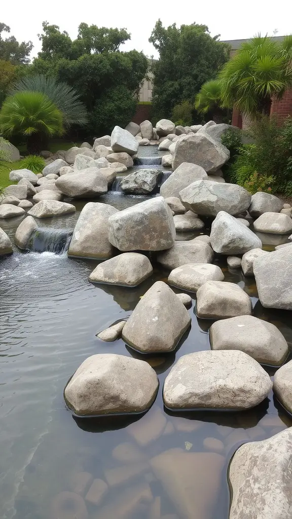 A serene water feature surrounded by large boulders and lush greenery.