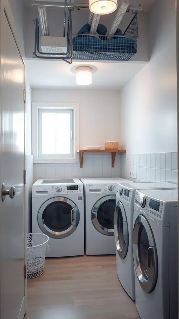 19 Clever Small Laundry Room Ideas to Maximize Space 16 Brightly lit small laundry room with washing machines, a window, and a ceiling light.