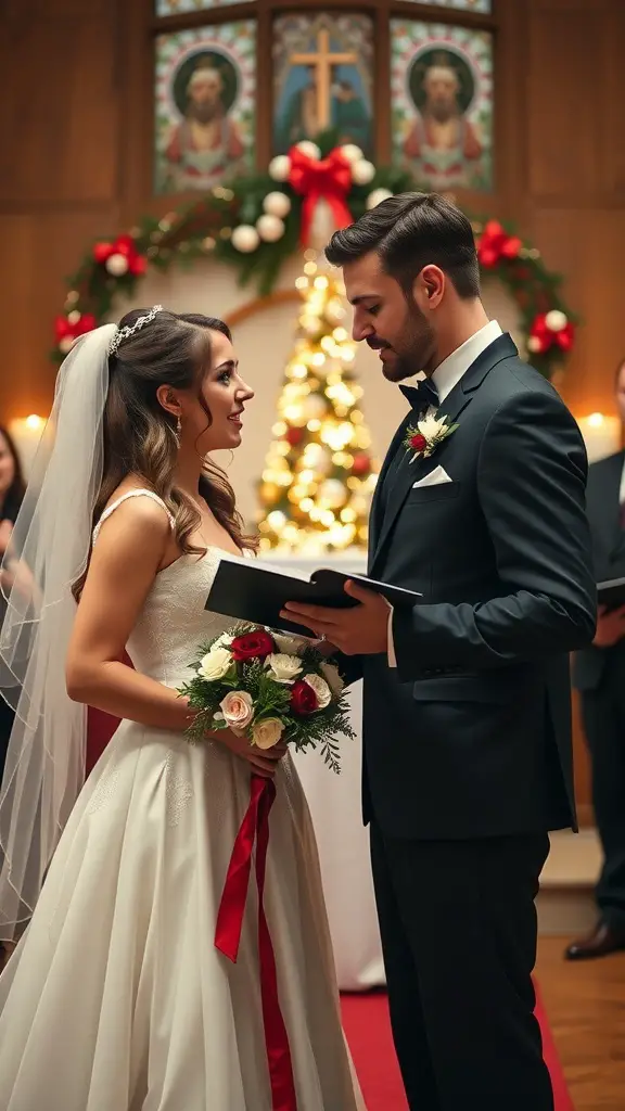 19+ Stunning Christmas Wedding Ideas You Need to See 17 A couple exchanging vows in a beautifully decorated church for a Christmas wedding, with a Christmas tree in the background.