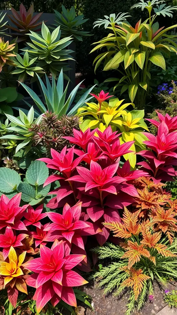 19 Creative Shadow Garden Ideas to Transform Your Outdoor Space 8 Colorful foliage in a garden featuring pink, yellow, and green plants.