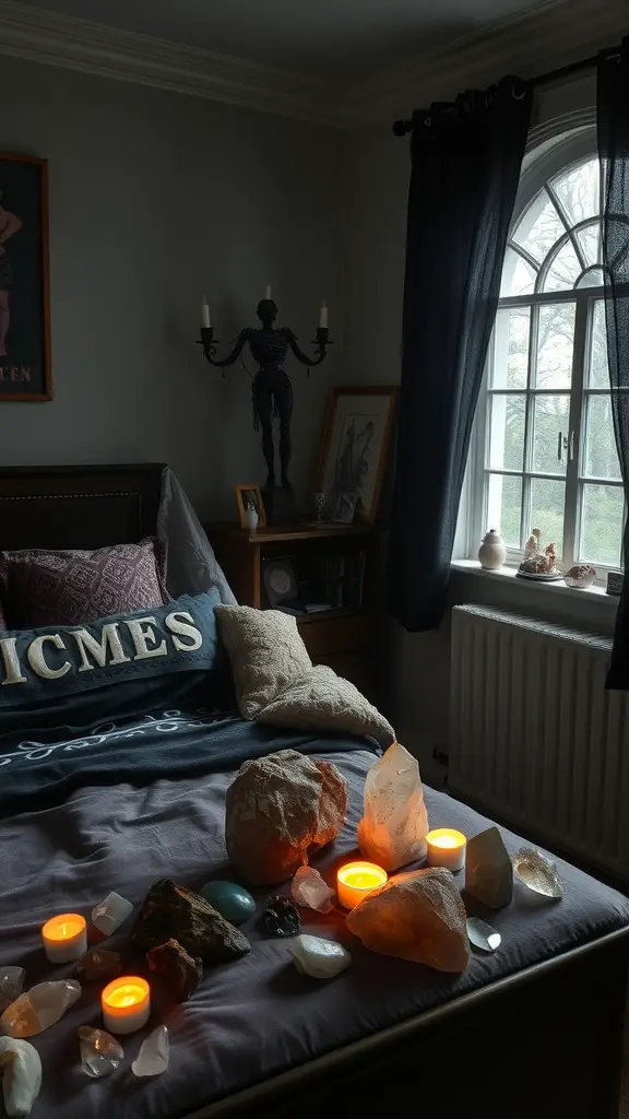 A cozy witchy bedroom featuring a bed with crystals and candles arranged on the bedding.