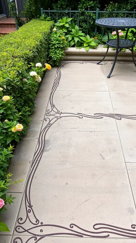 19+ Stunning Concrete Patio Makeover Ideas You’ll Love 9 A concrete patio with a decorative border and surrounding greenery.