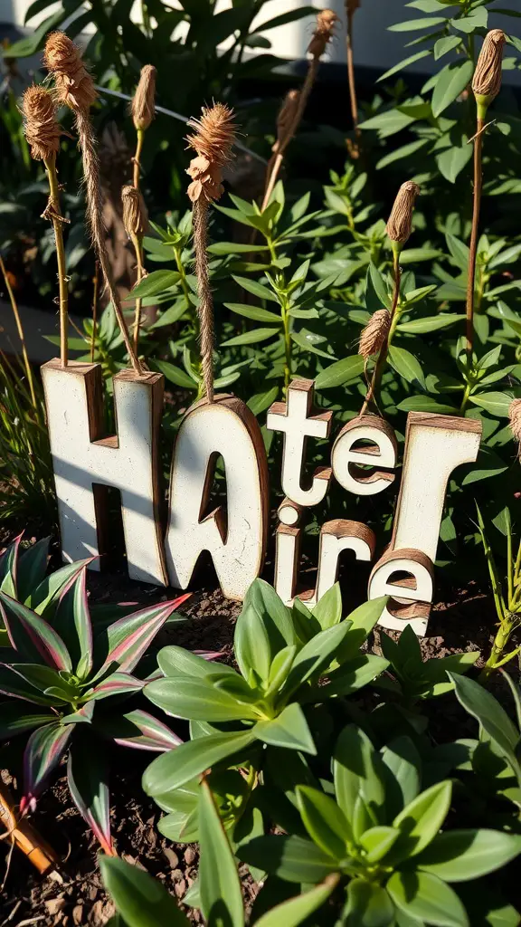 19 Creative Shadow Garden Ideas to Transform Your Outdoor Space 11 A wooden garden sign partially hidden among green plants.