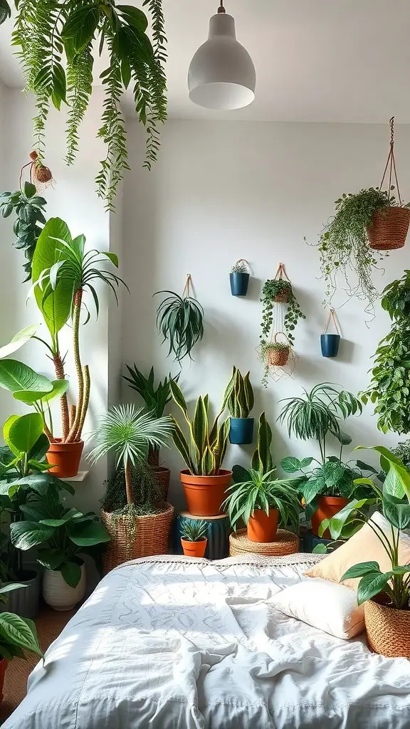 A cozy bedroom filled with various indoor plants, creating a fresh and vibrant atmosphere.