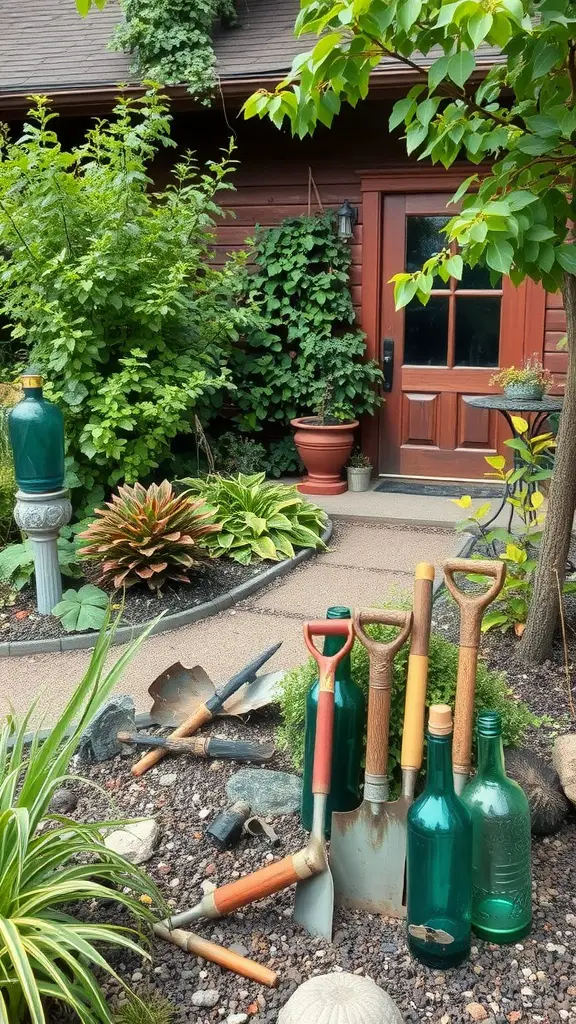 15 Creative Junk Garden Ideas to Transform Your Backyard 17 A garden featuring old gardening tools and green bottles among lush plants.