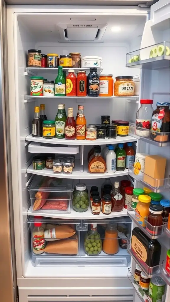 A well-organized fridge featuring various condiments and sauces on Lazy Susans.