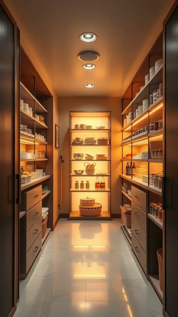 A well-lit walk-in pantry with warm lighting, showcasing organized shelves and a cozy atmosphere.