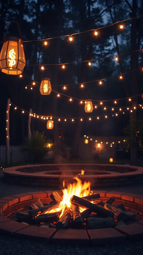 A sunken fire pit surrounded by string lights and lanterns in a wooded area at night.