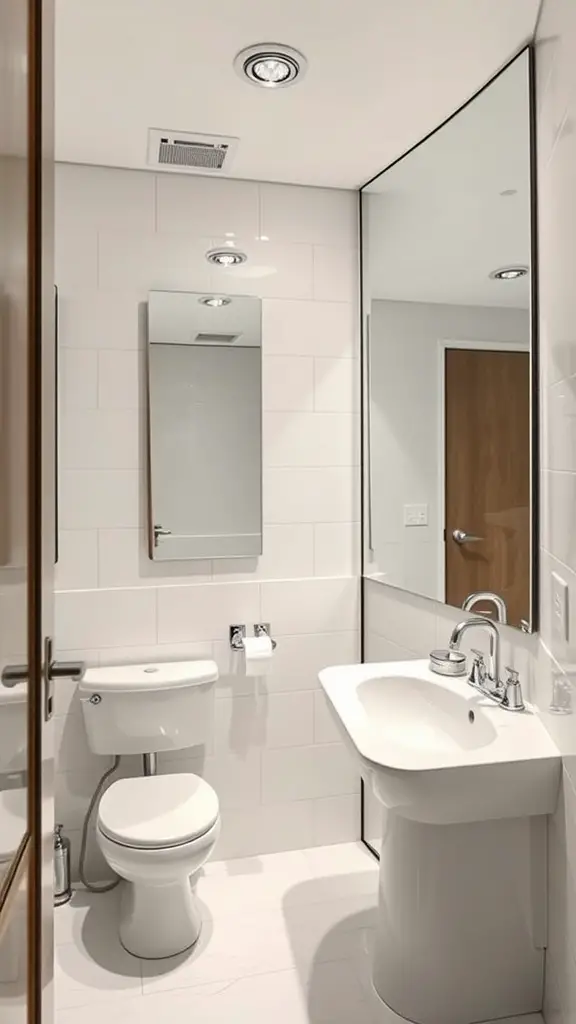 19 Stunning Small Full Bathroom Ideas for Maximum Style 6 A small modern bathroom featuring large mirrors that enhance the sense of space.