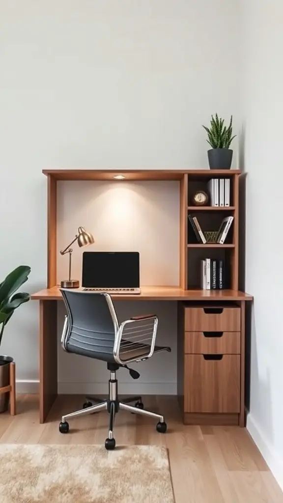 A small office setup featuring a wooden desk with a built-in shelf, a comfortable chair, and a plant.
