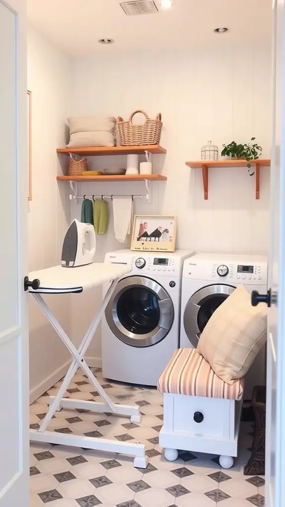 A small laundry room with a washer, dryer, ironing board, and storage shelves.