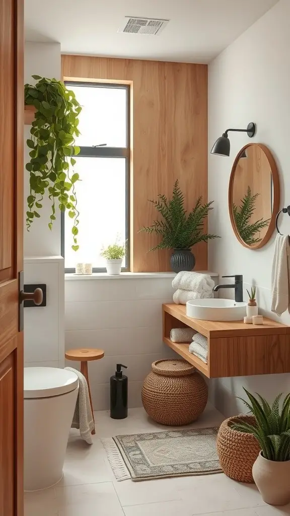 19 Stunning Small Full Bathroom Ideas for Maximum Style 9 A small full bathroom featuring wooden accents, plants, and a modern design.