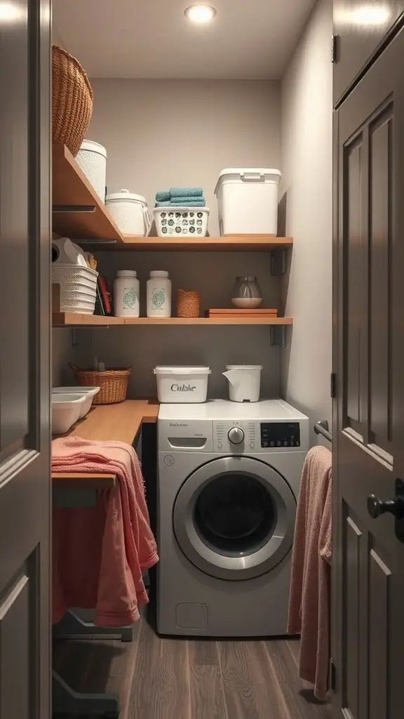 23 Creative Narrow Laundry Room Ideas You’ll Love 10 A narrow laundry room featuring open shelving with neatly arranged baskets and containers above a washer and dryer.