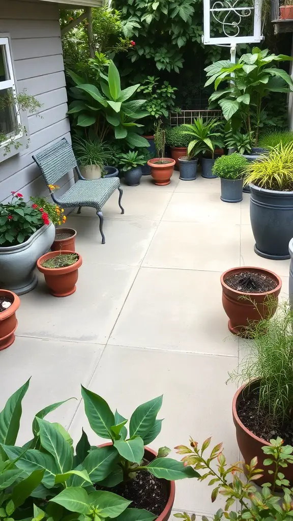 19+ Stunning Concrete Patio Makeover Ideas You’ll Love 8 A concrete patio filled with various planters and greenery, featuring a cozy chair.
