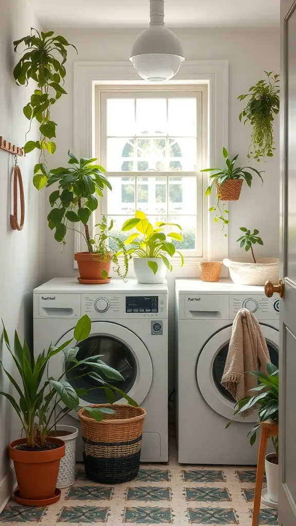 A cozy laundry room with plants, featuring a window and washing machines.