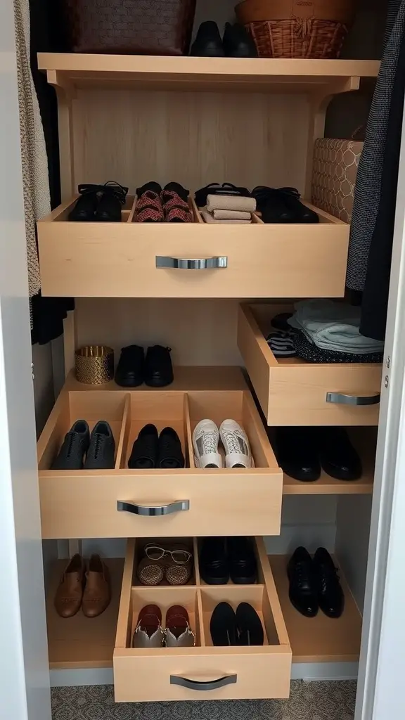 23 Creative Small Closet Organization Ideas for Maximum Space 5 A small closet with organized pull-out drawers containing shoes and accessories.